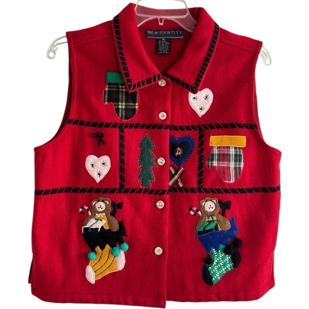 VTG Holiday Vest XL Wool Blend Button Down Red Christmas Embroidered Applique